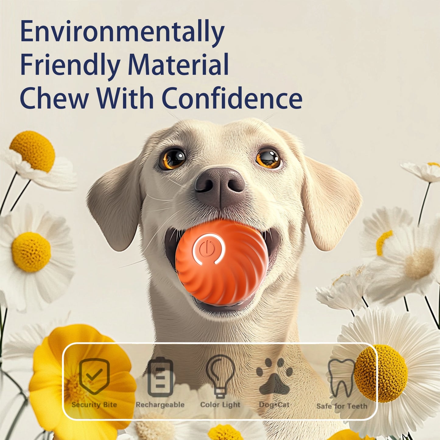 Wefulfil Automatic Smart Dog Toy in orange held by smiling dog surrounded by flowers showcasing eco-friendly chew material