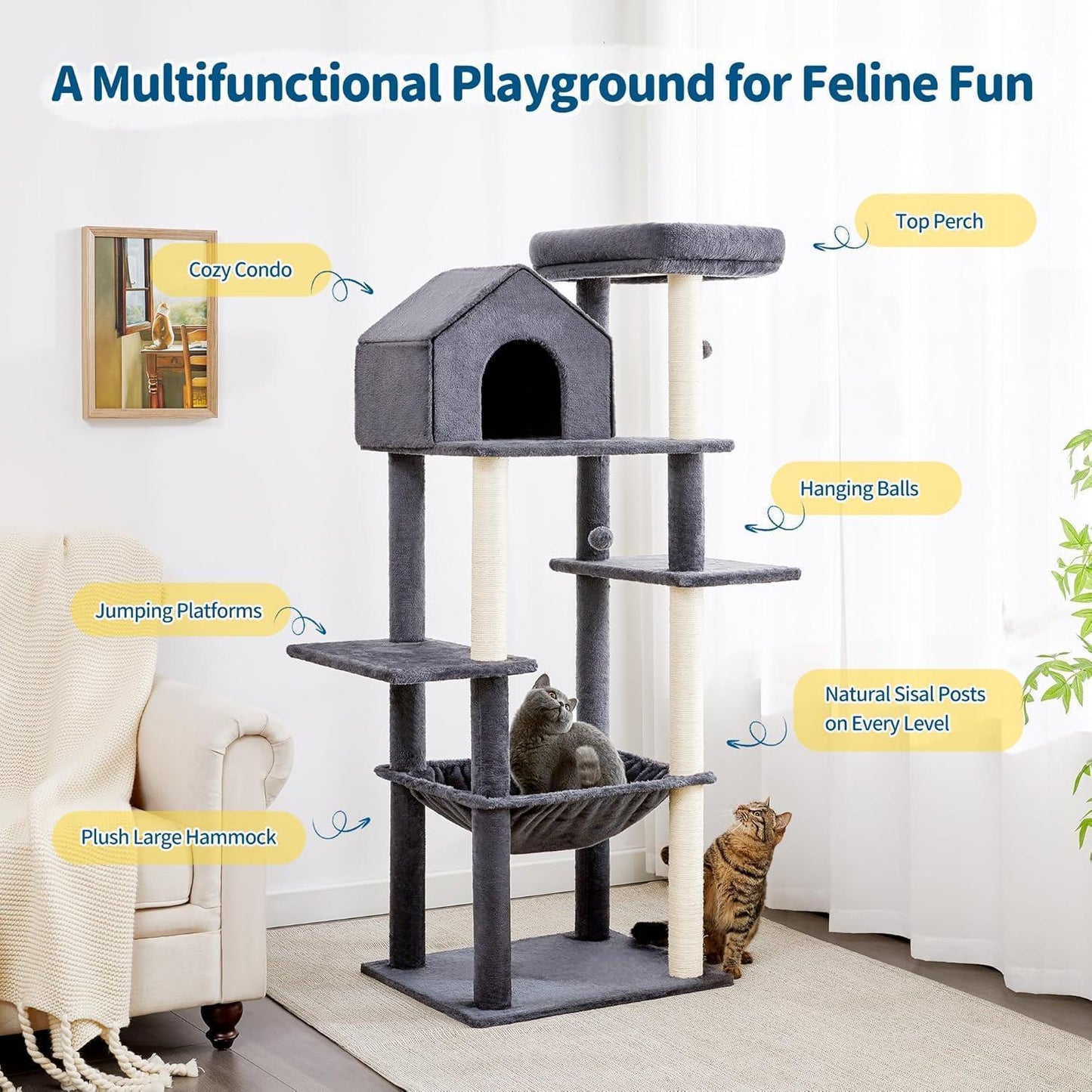60 Inch Multi-Level Cat Tree For Indoor Cats With Plush Hammock