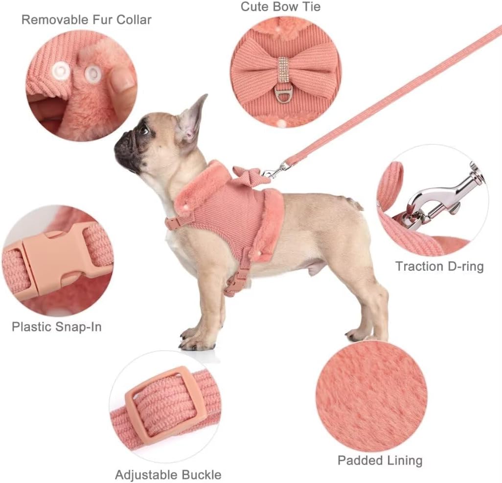 Warm Fur Collar Soft Padded Small Girl Pet Harness and Leash Set with Bow Tie