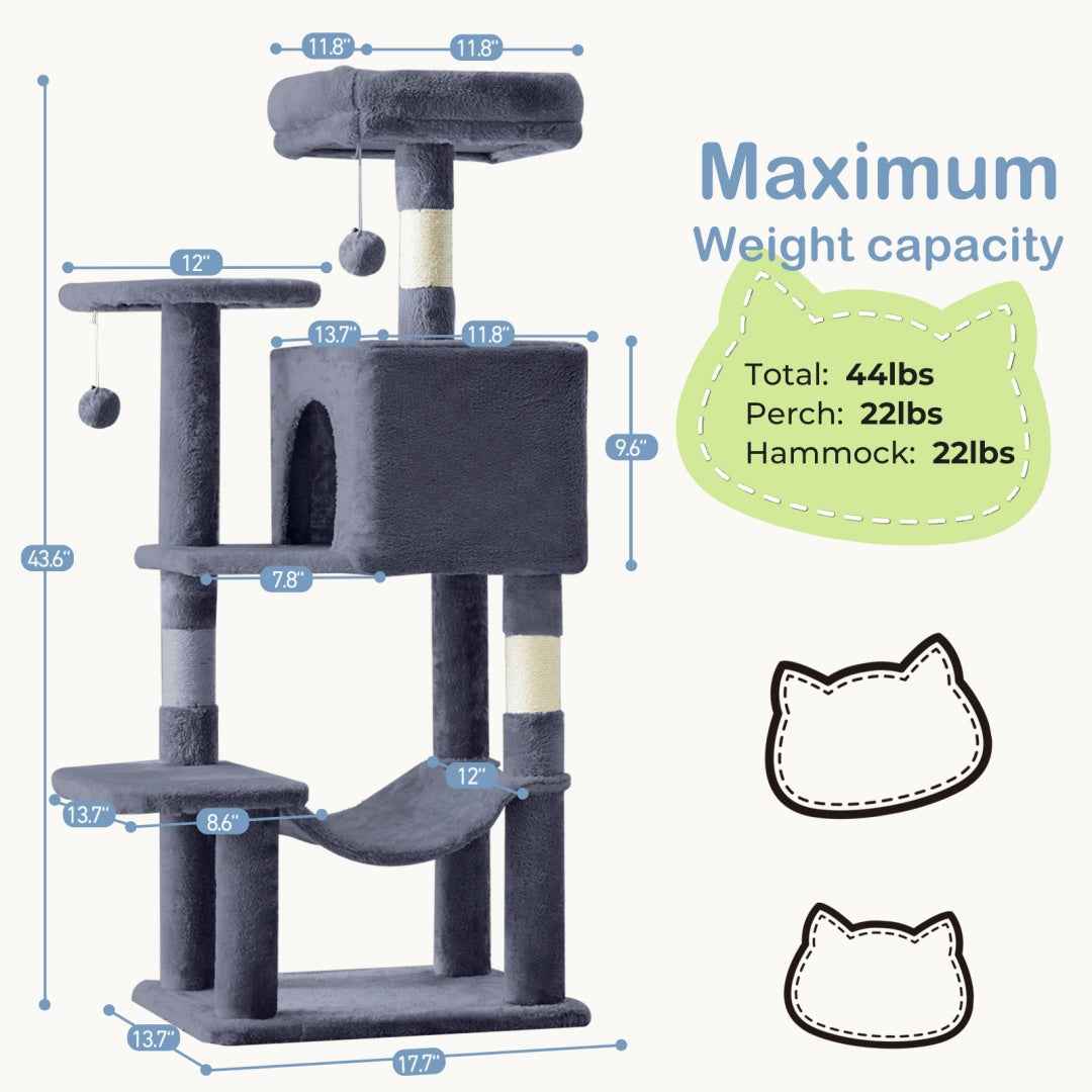 44-Inch Cat Tree - Multi-Level with Hammock & Sisal Posts - Purrfect Pet Haven