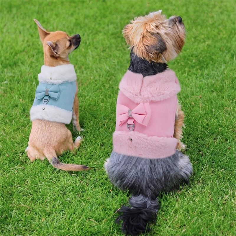 Warm Fur Collar Soft Padded Small Girl Pet Harness and Leash Set with Bow Tie