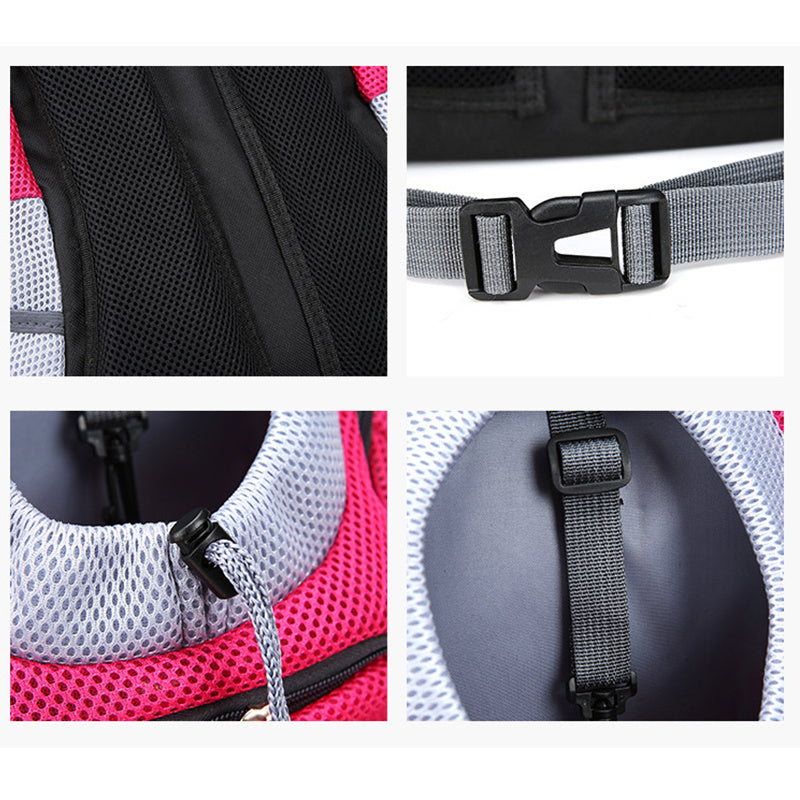 Close-up details of Wefulfil Backpack Pet Carrier Bag including mesh fabric, strap buckle, and drawstring closure