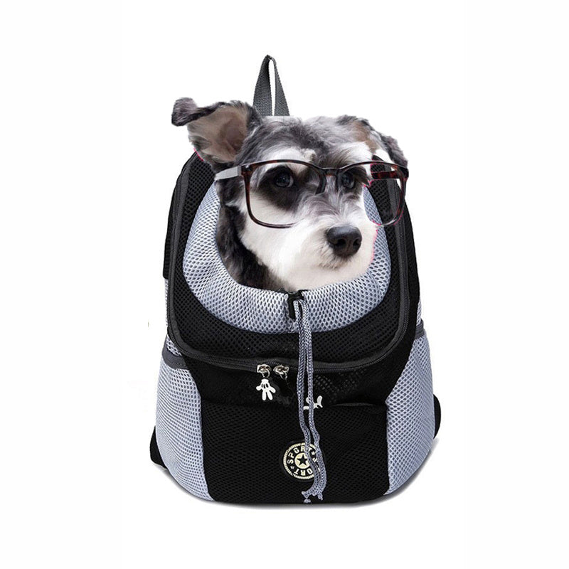 Wefulfil Backpack Pet Carrier Bag in black and gray with small dog wearing glasses inside
