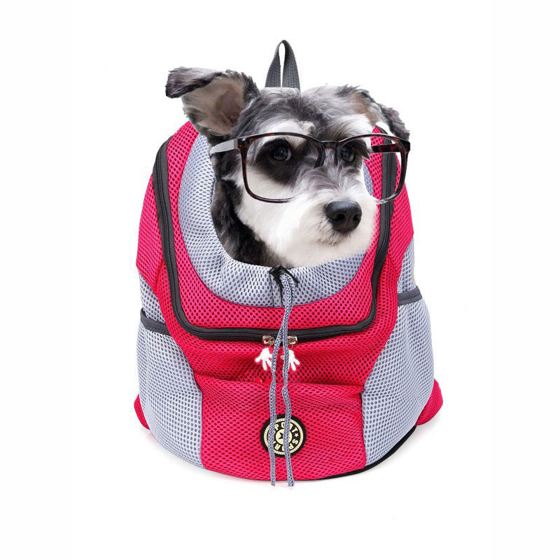 Wefulfil Backpack Pet Carrier Bag in red and gray mesh with small dog wearing glasses inside