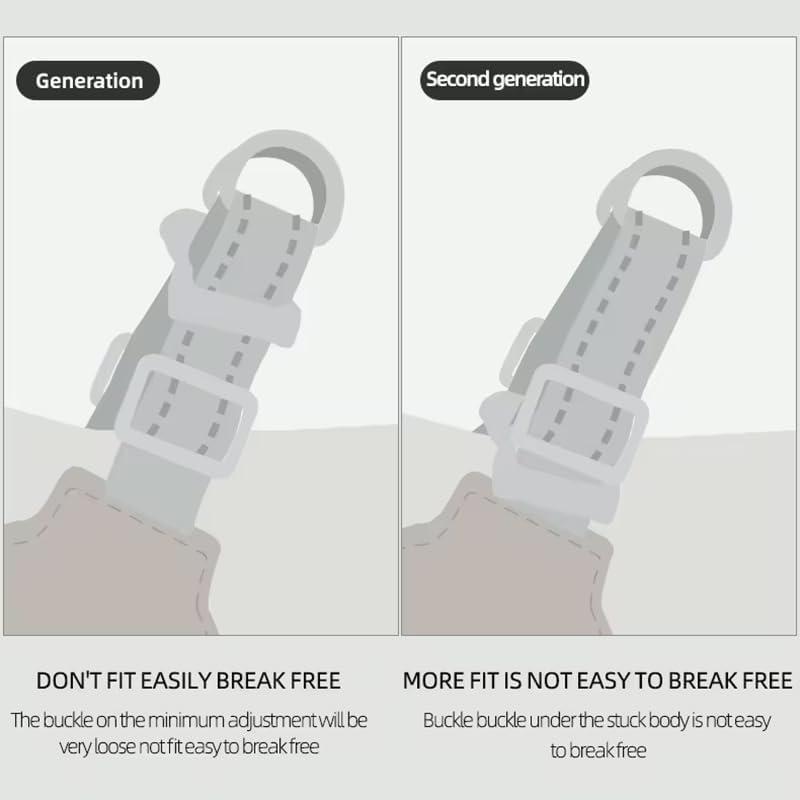 Comparison of first and second generation dog and cat harness buckles showing improved fit and durability in second generation