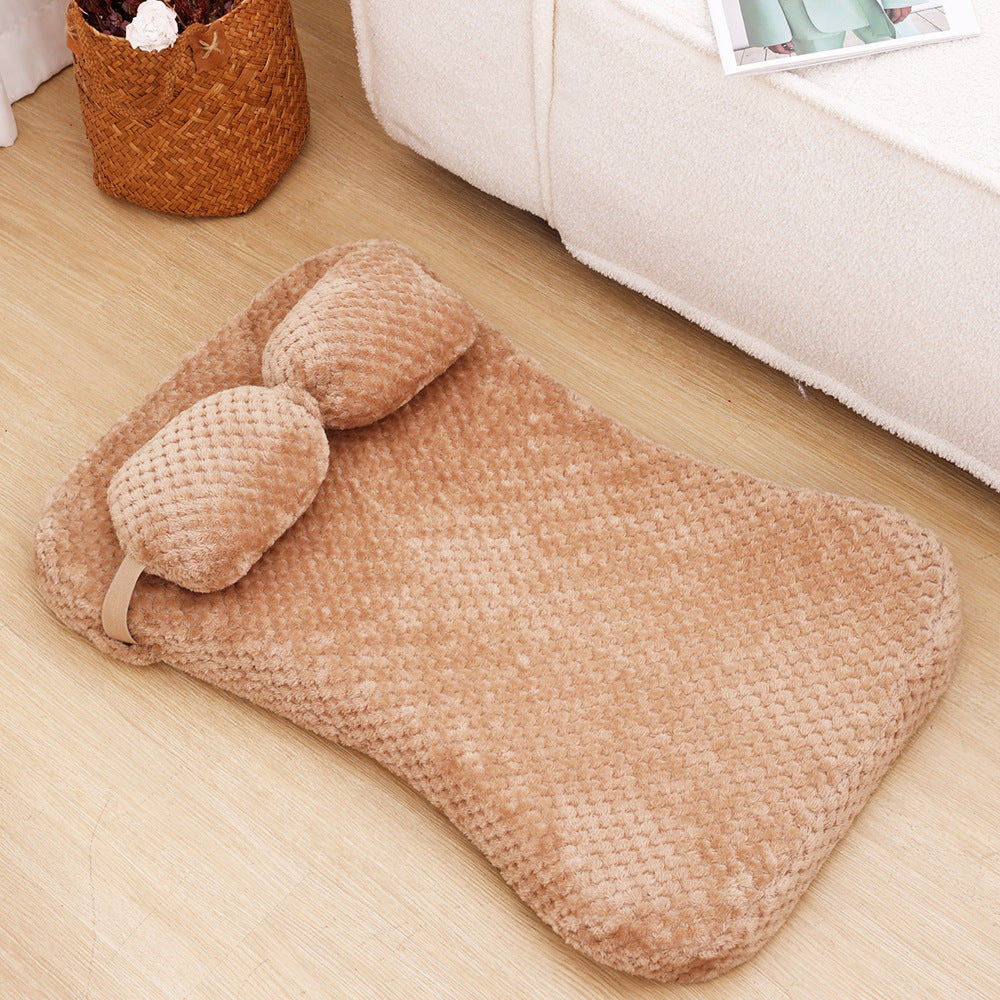 Soft Plush Calming Cushion Pet Bed Mat with Pillow - Fits Dogs Cats