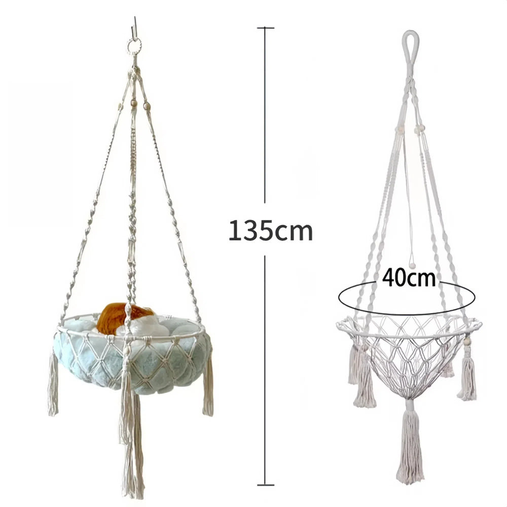 Purrfect Pet Haven Cotton Cat Hammock hanging macrame bed with plush round cushion tassels 135 cm height 40 cm diameter