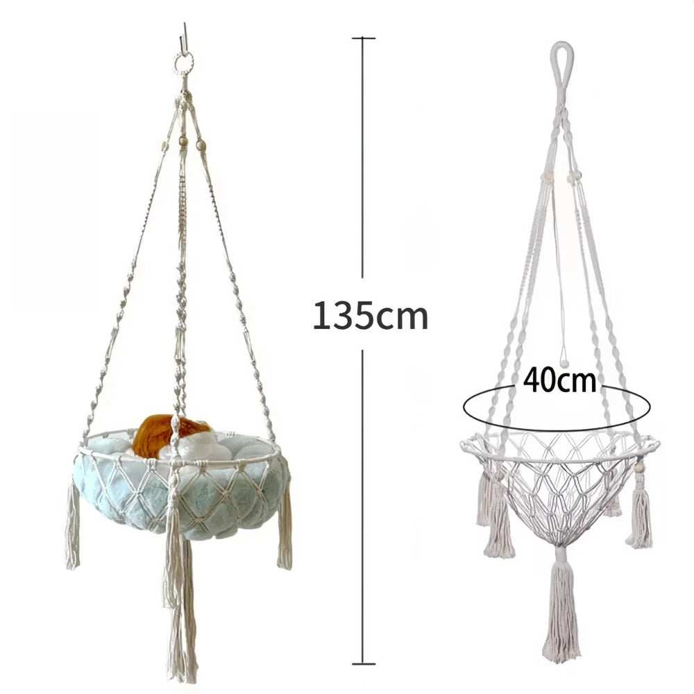 Hand-Woven Cotton Cat Hammock - Hanging Basket with Cushion - Purrfect Pet Haven