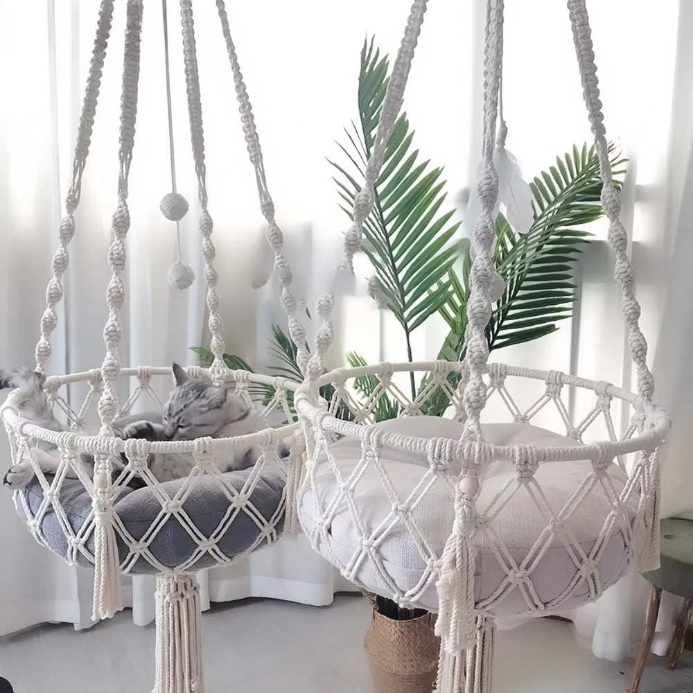 Purrfect Pet Haven Cotton Cat Hammock macrame hanging beds with cushions and a sleeping cat