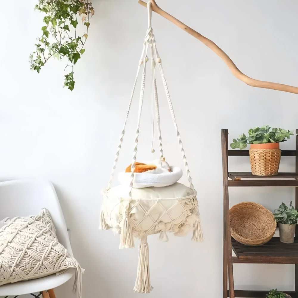 Purrfect Pet Haven Cotton Cat Hammock macrame hanging cream cushion with tassels and a sleeping cat