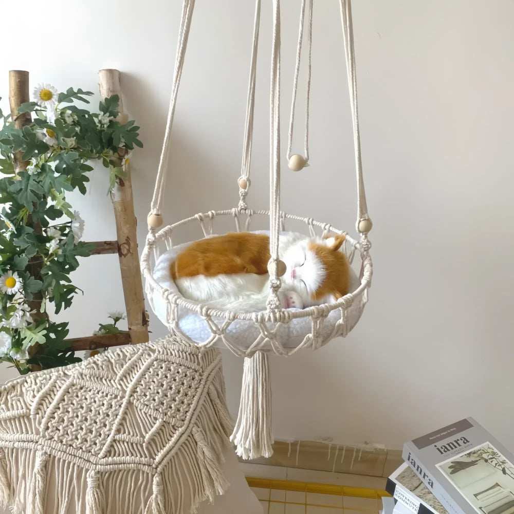 Purrfect Pet Haven Cotton Cat Hammock hanging macrame bed with sleeping ginger and white cat