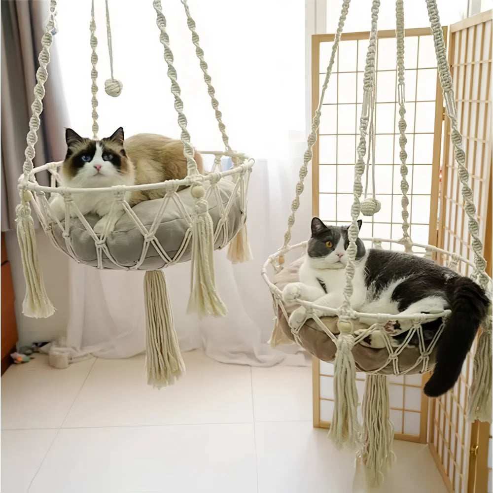 Purrfect Pet Haven Cotton Cat Hammock macrame hanging bed with soft cushion showing two relaxed indoor cats