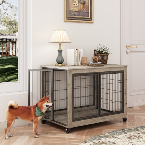 Furniture Style Dog Cage Side Table with Wheels Double Doors and Raised Top