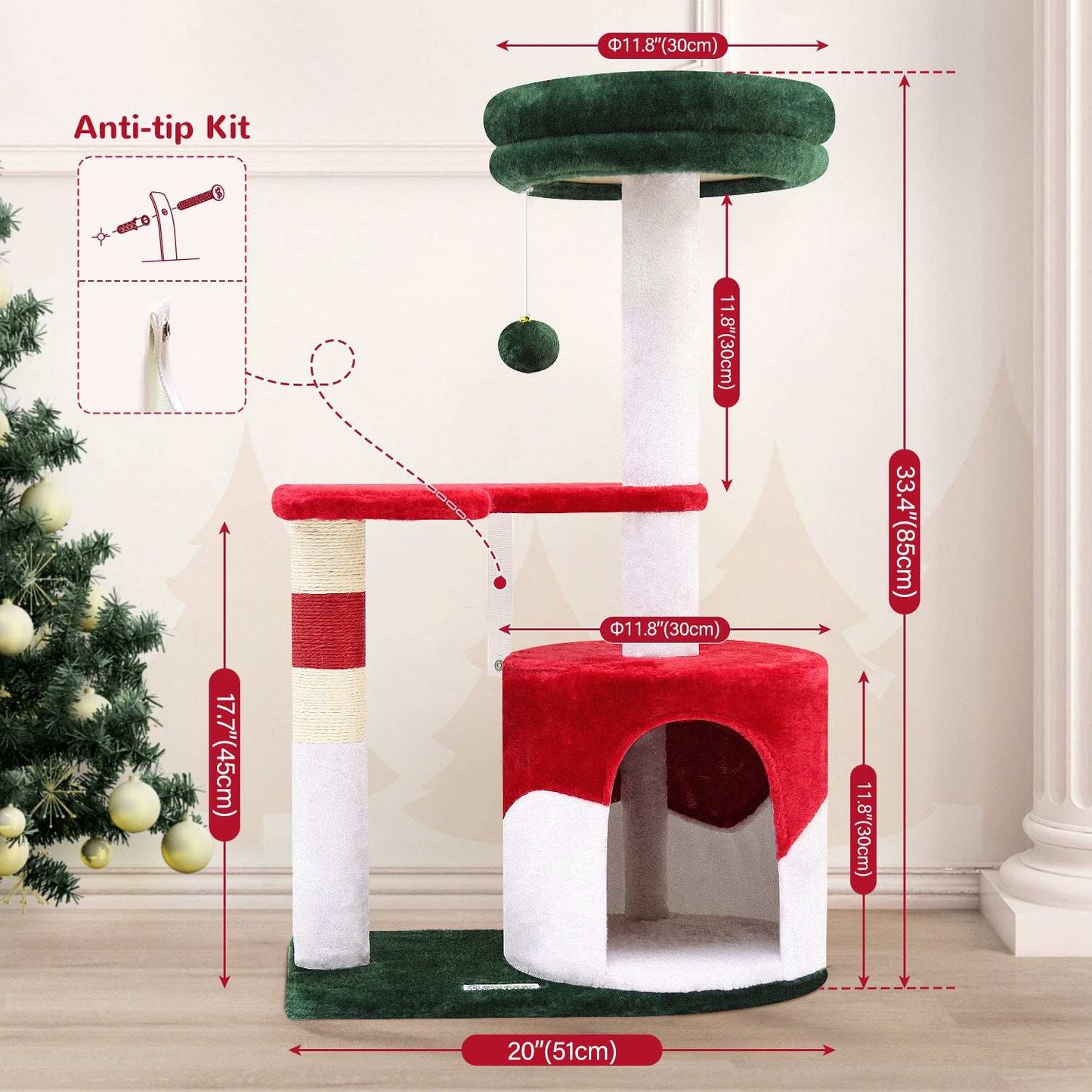 33 Inch Christmas Style Cat Climbing Frame - Festive Holiday Cat Tree Tower - Purrfect Pet Haven