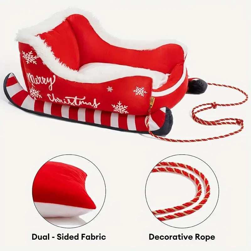 Christmas Sled Pet Bed with Reindeer Design for Small Dogs - Purrfect Pet Haven