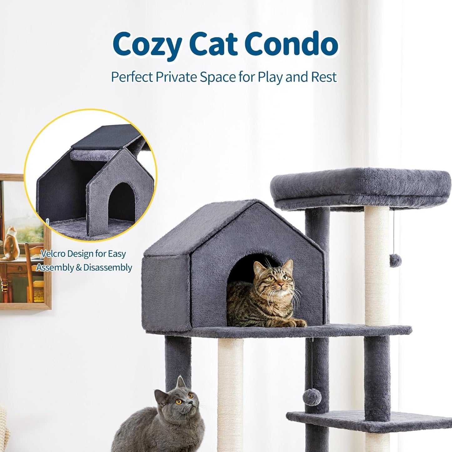 60 Inch Multi-Level Cat Tree For Indoor Cats With Plush Hammock