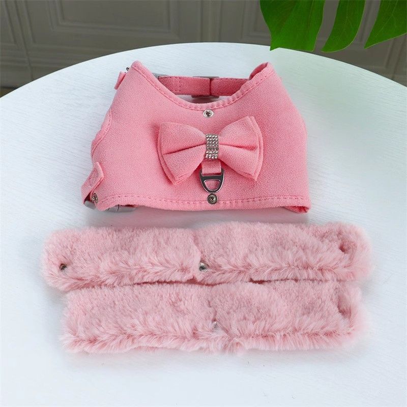 Warm Fur Collar Soft Padded Small Girl Pet Harness and Leash Set with Bow Tie