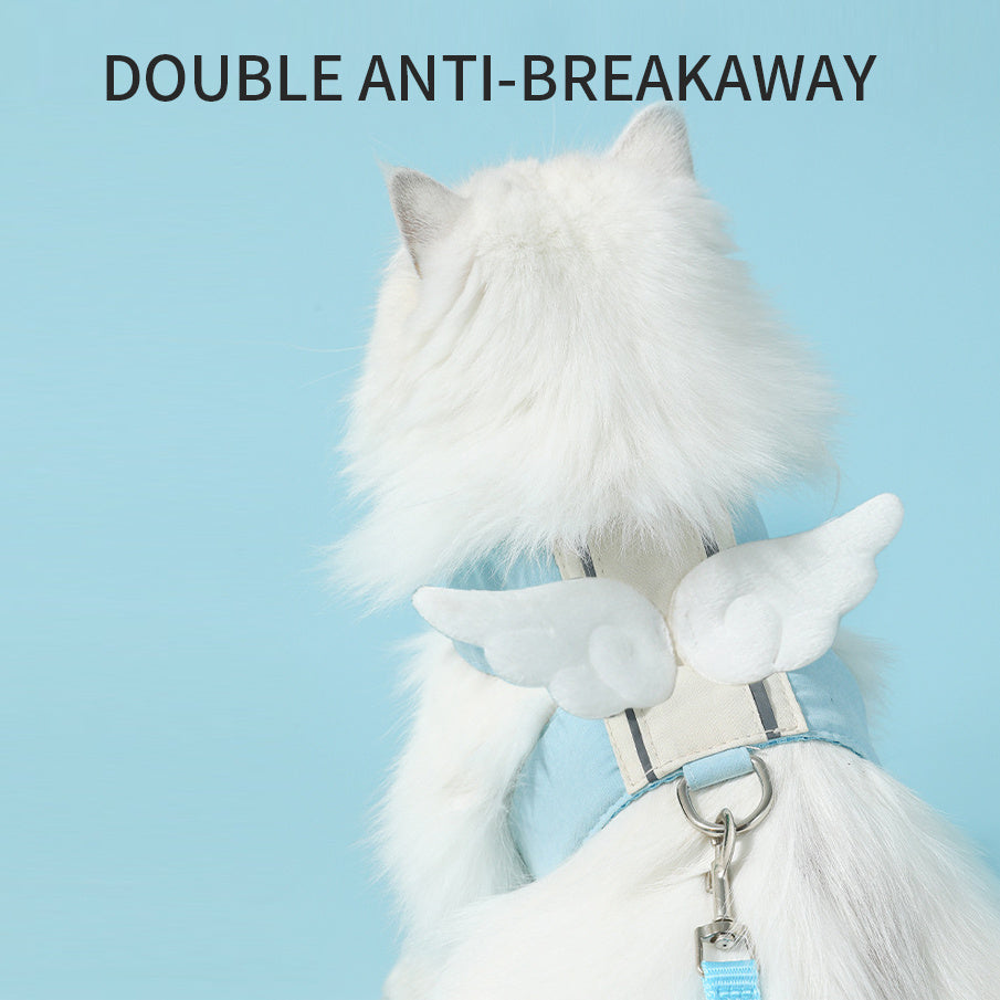 White cat wearing blue Cat Harness Leash Set with wing design and double anti-breakaway feature
