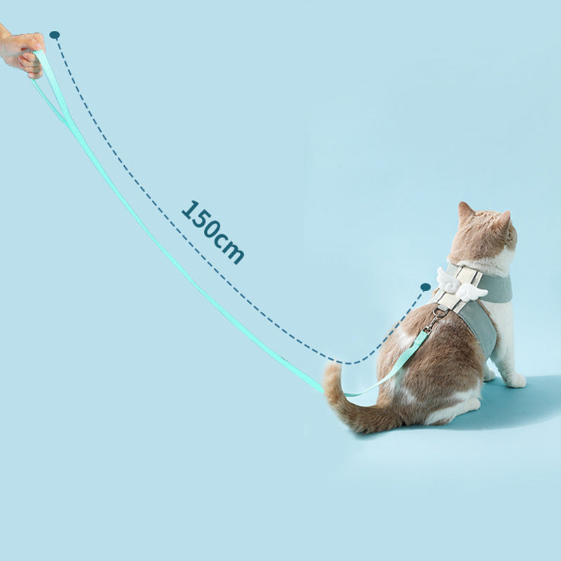 Wefulfil cat wearing a blue cat harness leash set with 150cm adjustable leash on light blue background