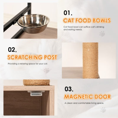 Wefulfil Cat Tree Litter Box features cat food bowls, scratching post, and magnetic door for pet comfort
