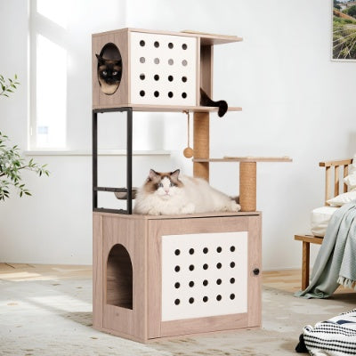Wefulfil modern beige cat tree litter box with multiple levels and two cats relaxing inside and on top