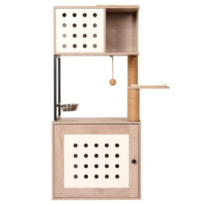Wefulfil modern wood and beige Cat Tree Litter Box with multiple compartments and scratching post