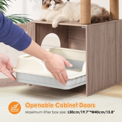 Wefulfil cat tree litter box with openable cabinet doors and a cat resting on top