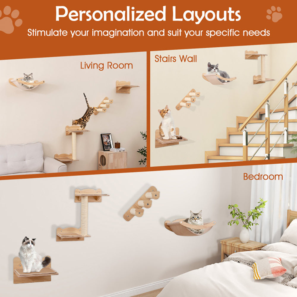 Wefulfil Cat Wall Furniture installed in living room stairs and bedroom with cats using shelves and steps