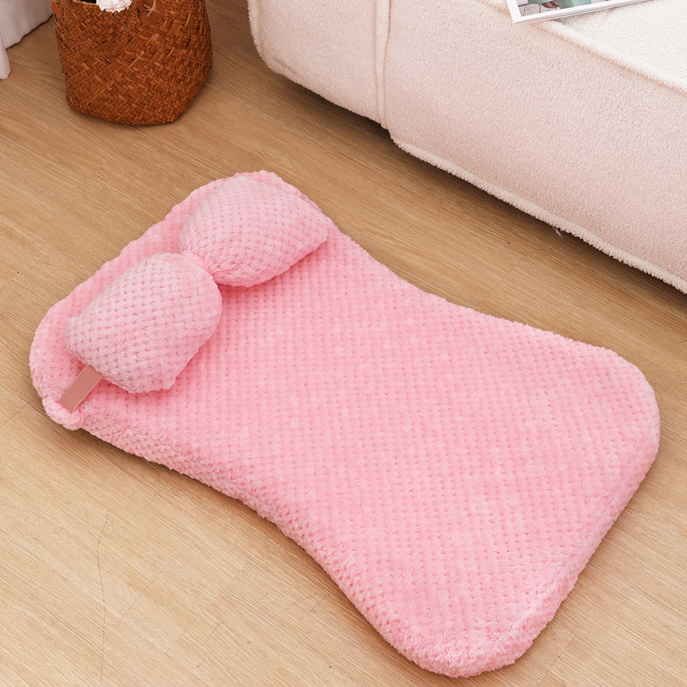 Soft Plush Calming Cushion Pet Bed Mat with Pillow - Fits Dogs Cats