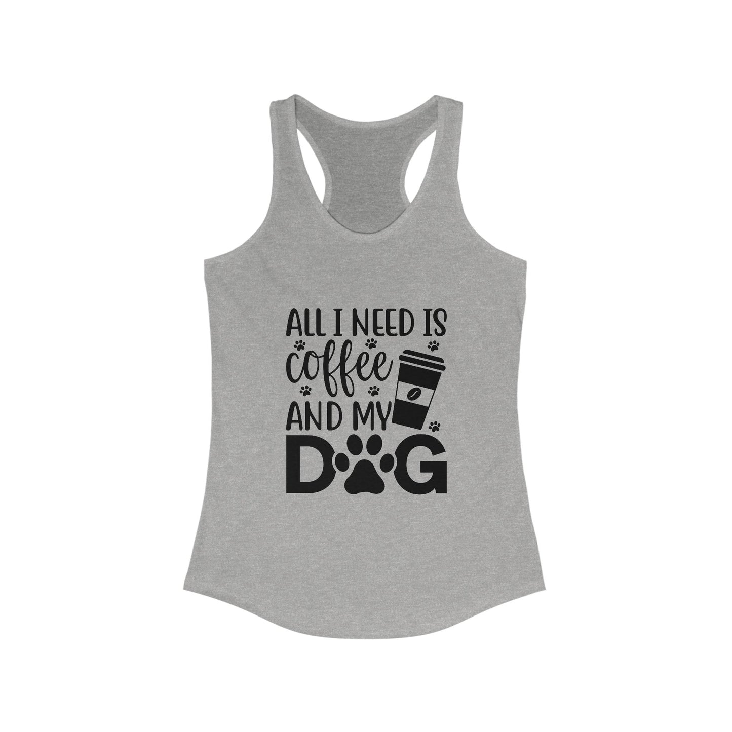 Printify Coffee Dog Lover's Racerback Tank in gray with coffee and dog print design