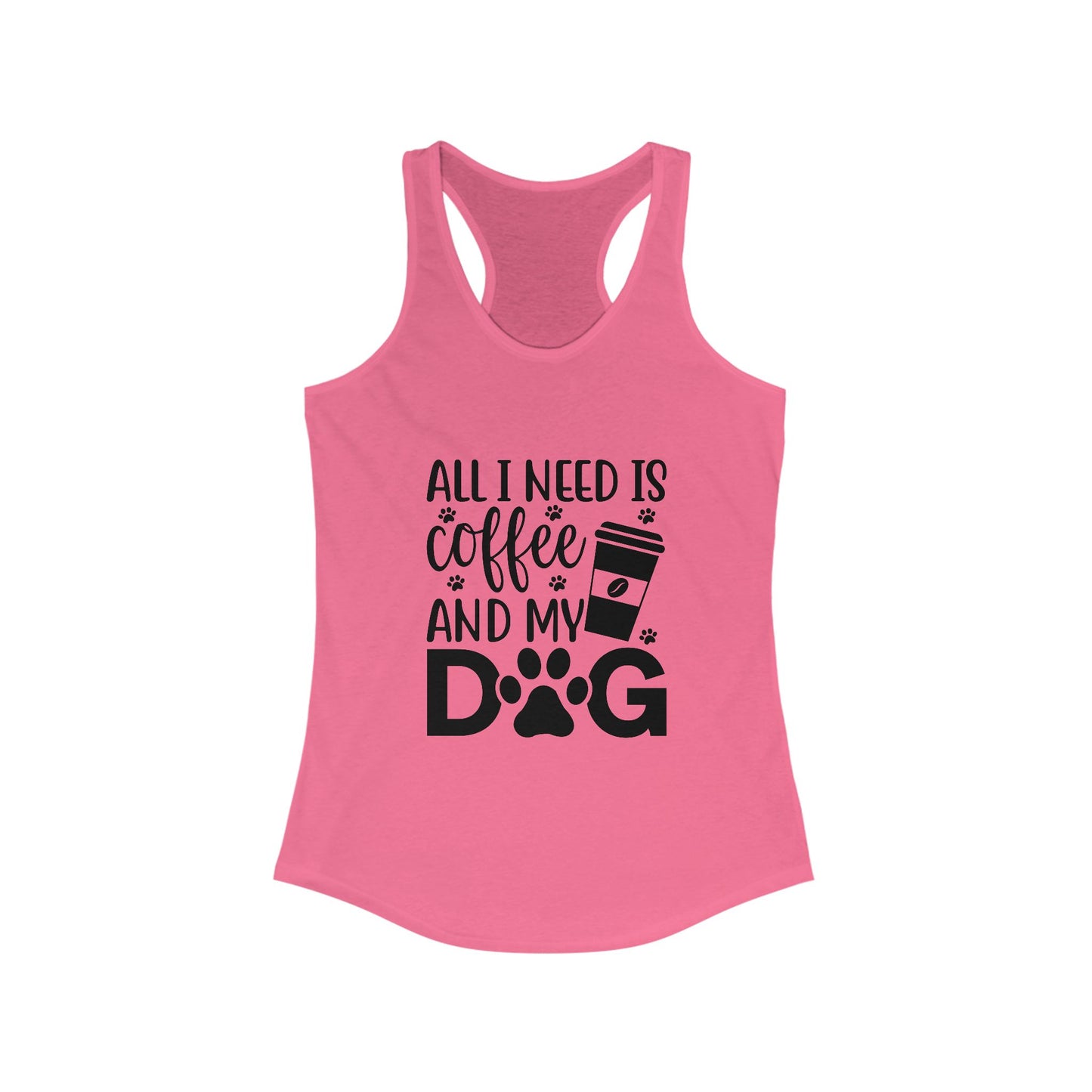 Pink Coffee Dog Lover's Racerback Tank with black coffee and dog print design by Printify