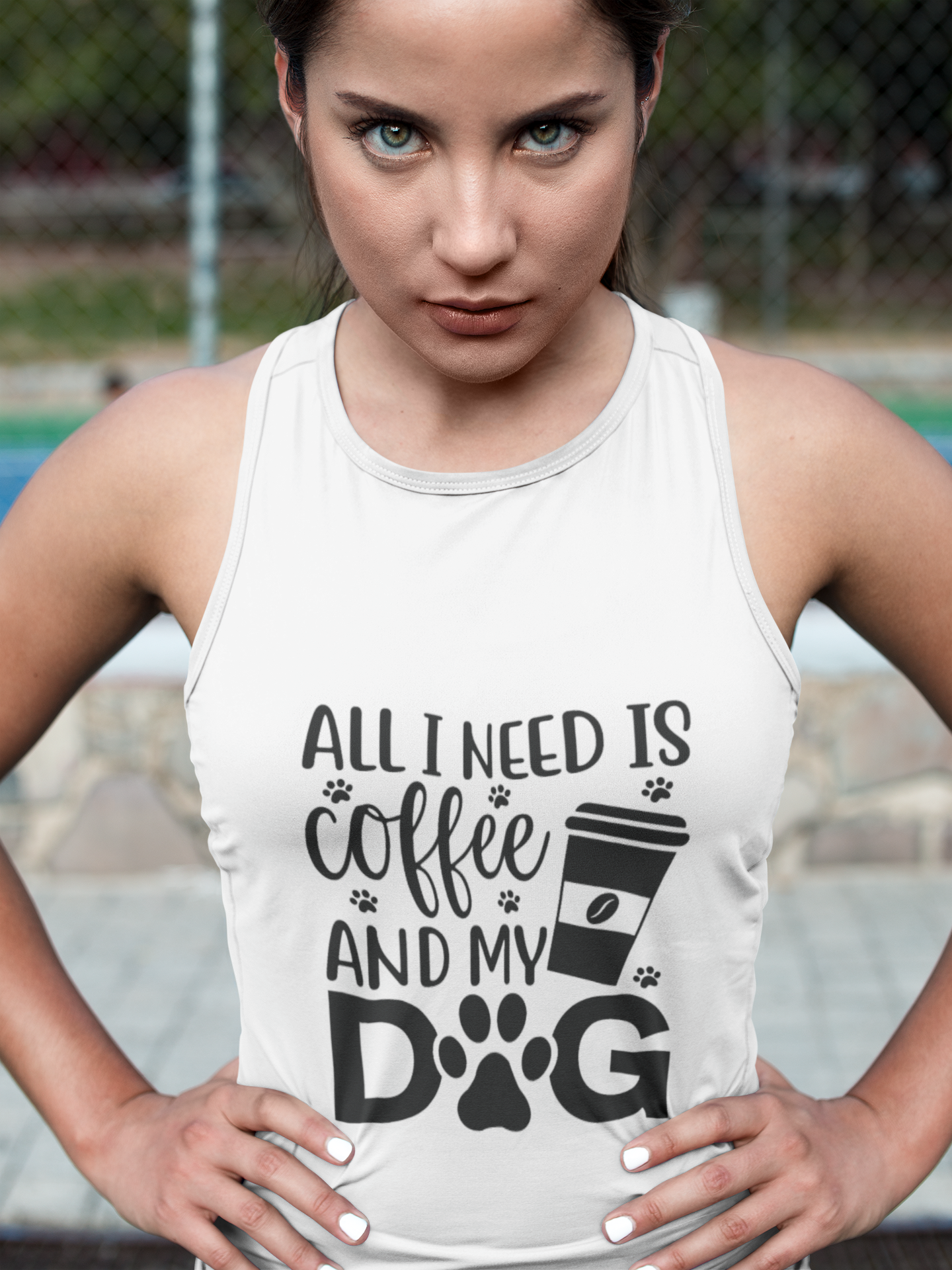 Coffee Dog Lover's Racerback Tank top in white with coffee and dog-themed graphic design