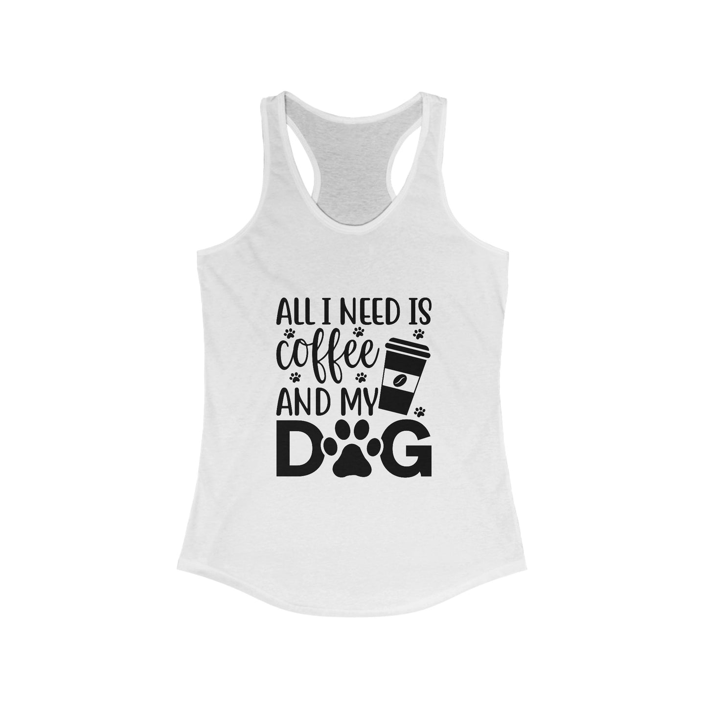 White Coffee Dog Lover's Racerback Tank with black coffee and dog paw print design
