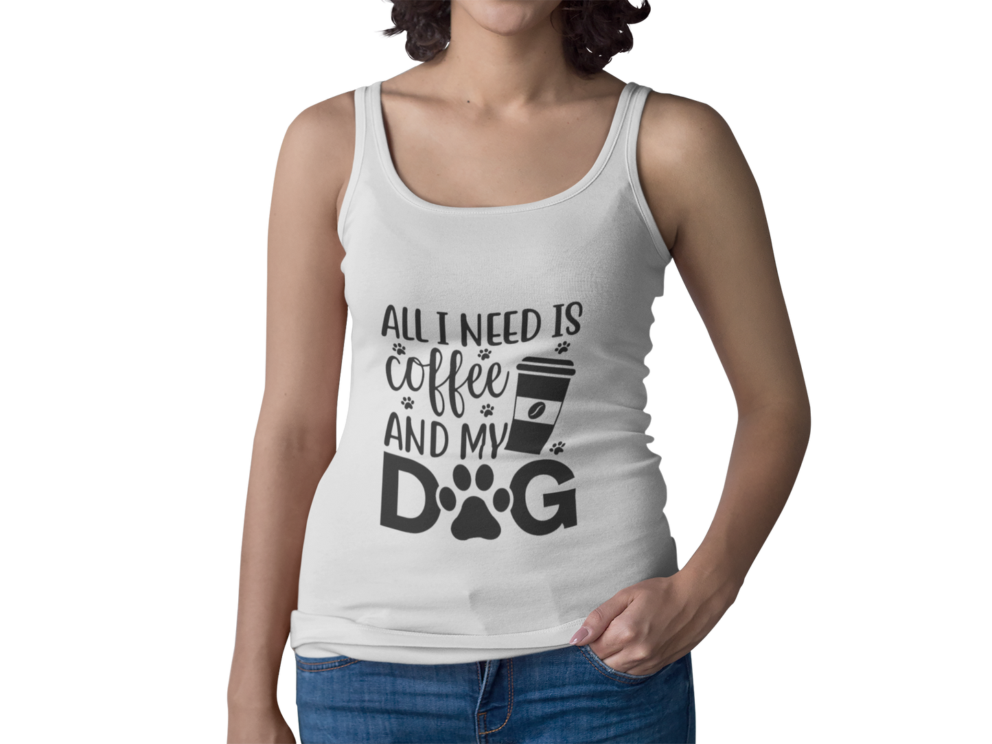 White Coffee Dog Lover's Racerback Tank with coffee and dog paw print design by Printify
