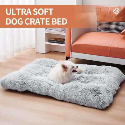 Wefulfil Gray Pet Bed shaggy ultra soft dog crate mat with small white Pomeranian lounging in living room