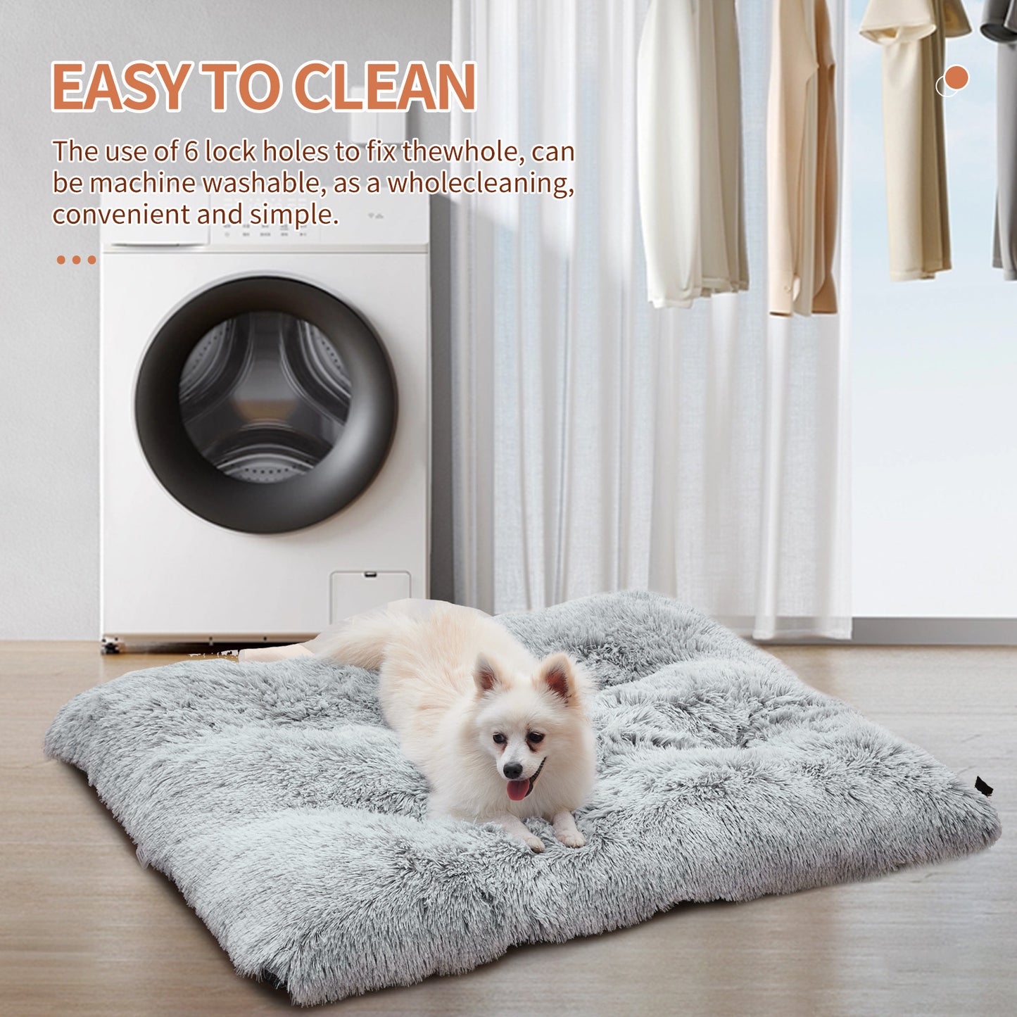 Wefulfil Gray Pet Bed fluffy rectangular mat with small white dog on washable floor near washing machine