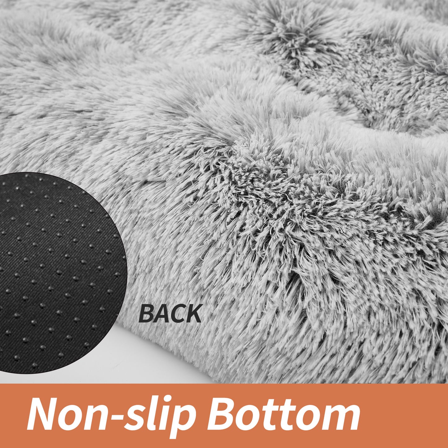 Wefulfil Gray Pet Bed plush round donut style with thick faux fur and non slip dotted bottom close up