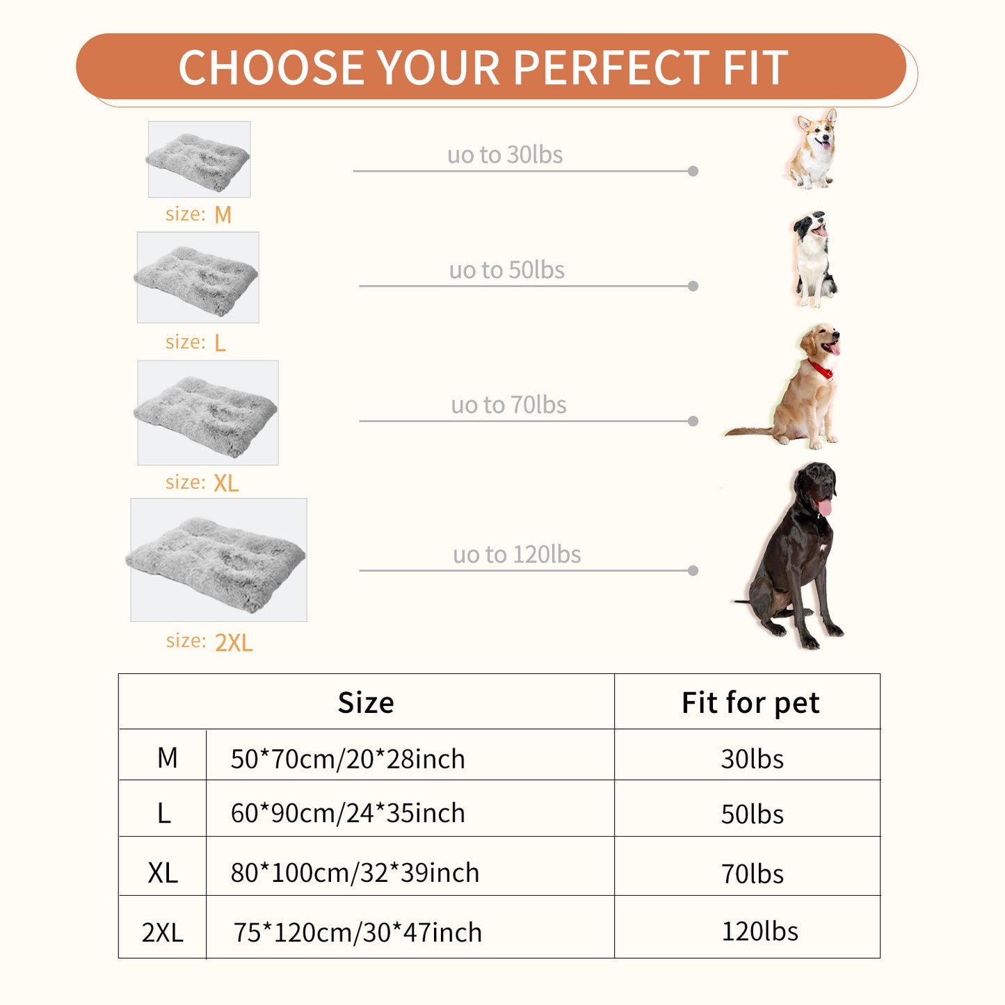Wefulfil Gray Pet Bed size chart showing M L XL 2XL dimensions and weight recommendations for pets