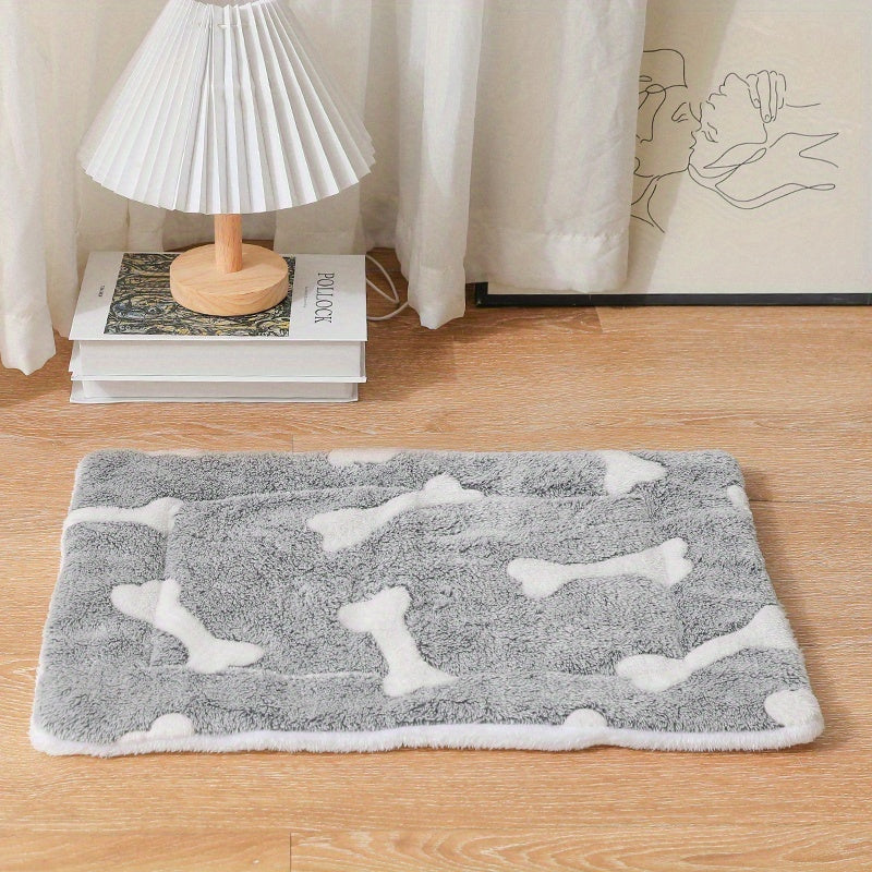 Wefulfil gray plush pet mat with white bone pattern self-warming cat bed mat for small dogs and cats