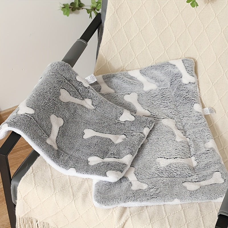 Wefulfil grey plush pet mat with white bone pattern two piece self-warming cat bed mat on chair