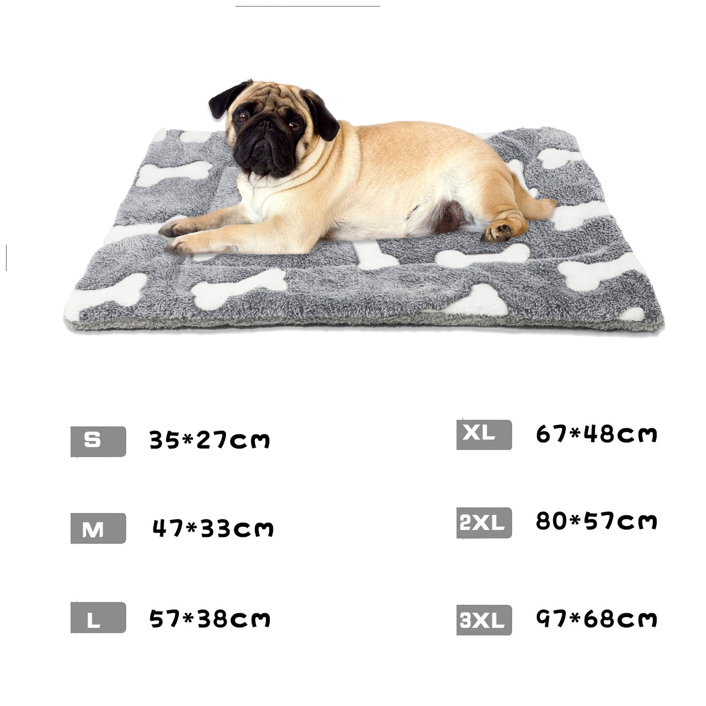 Wefulfil self-warming cat bed mat gray plush bone pattern with pug lying on mat showing multiple size options
