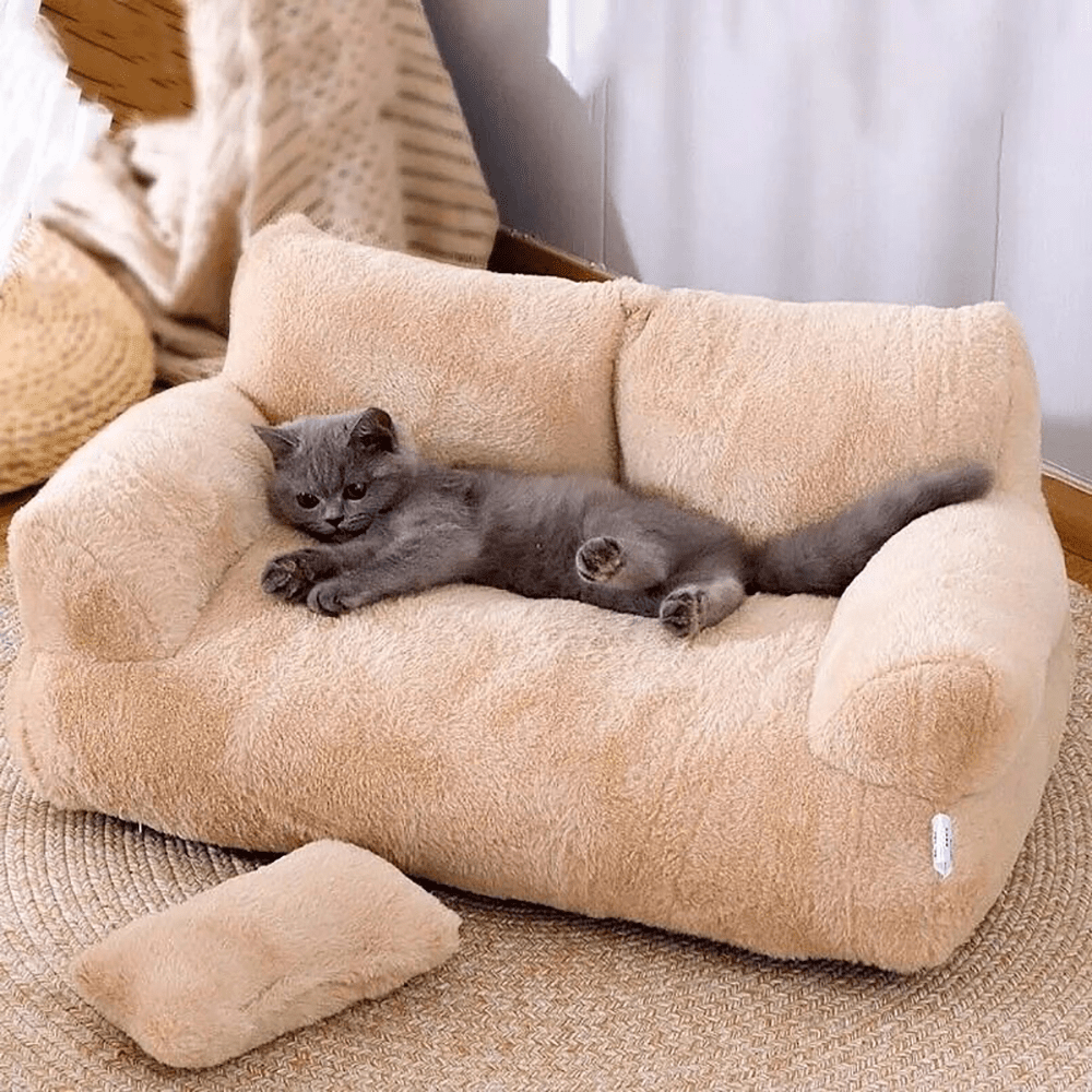 Purrfect Pet Haven beige plush Bed for Cats and Small Dogs sofa style with bolsters and pillow and grey cat