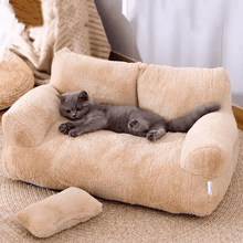 Purrfect Pet Haven beige plush Bed for Cats and Small Dogs sofa style with bolsters and pillow and grey cat