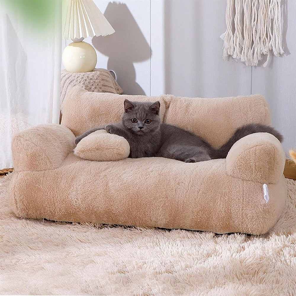 Purrfect Pet Haven plush beige sofa Bed for Cats and Small Dogs with bolster arms and matching pillow