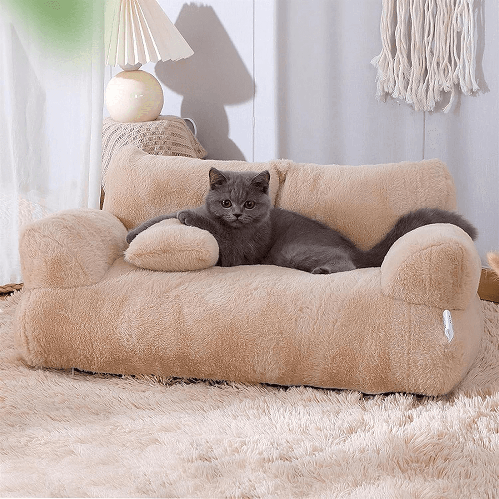 Purrfect Pet Haven plush beige sofa Bed for Cats and Small Dogs with bolster arms and matching pillow