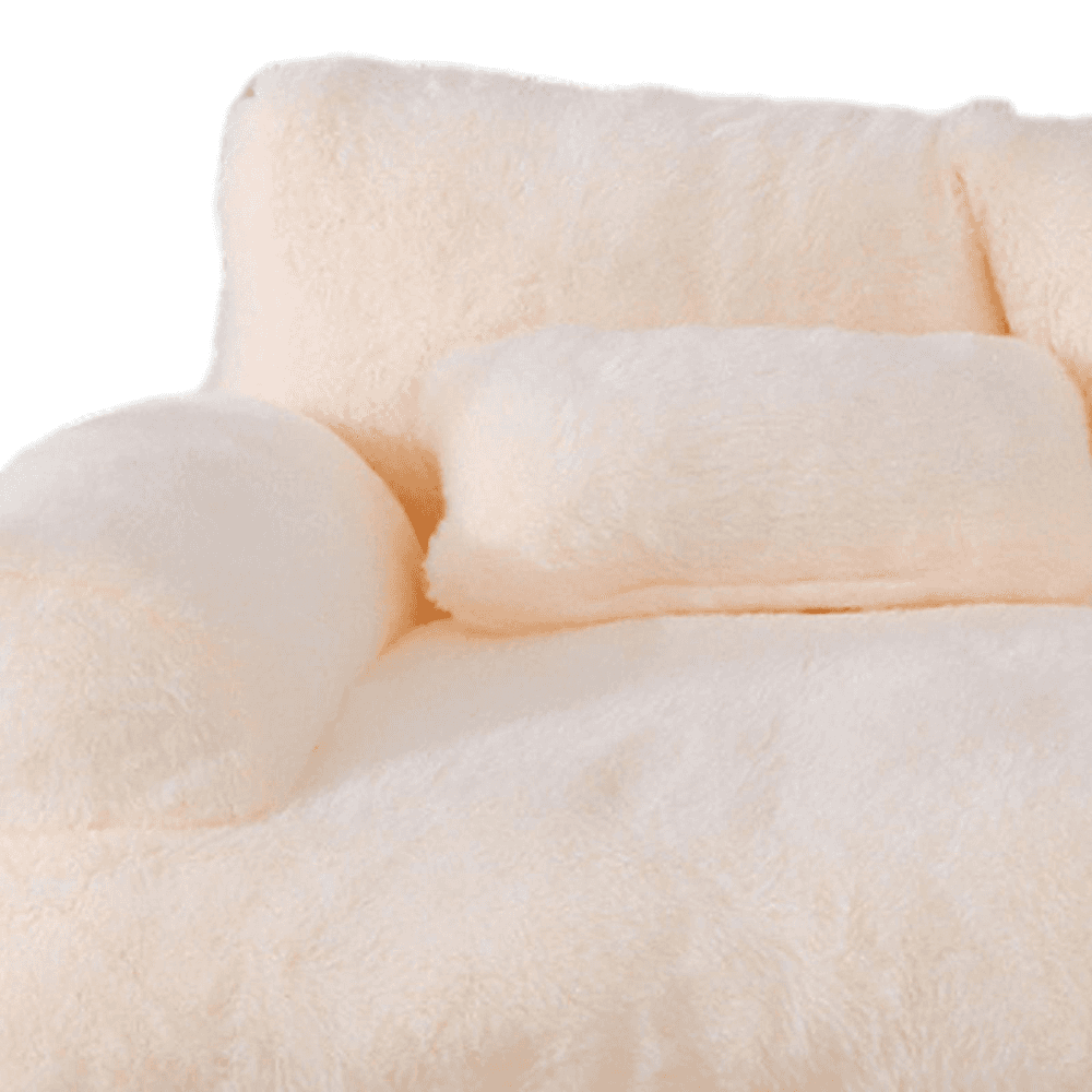 Purrfect Pet Haven plush cream faux fur Bed for Cats and Small Dogs with bolstered back and pillow