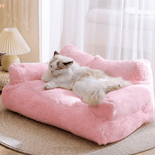 Bed for Cats and Small Dogs Purrfect Pet Haven plush pink sofa bed with bolsters and sleeping cat