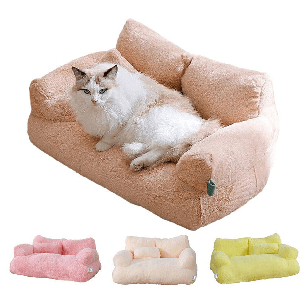 Purrfect Pet Haven plush bolstered sofa style Bed for Cats and Small Dogs in beige with white cat and pink cream yellow options