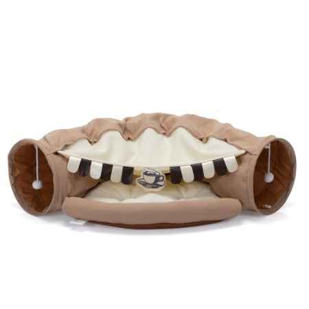 Wefulfil Cozy Pet Tunnel Bed in beige with soft cushioned interior and playful hanging balls for pets
