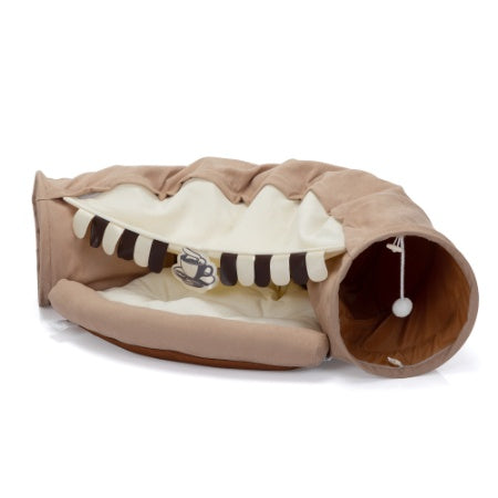 Wefulfil Cozy Pet Tunnel Bed in brown and cream with soft cushion and playful design